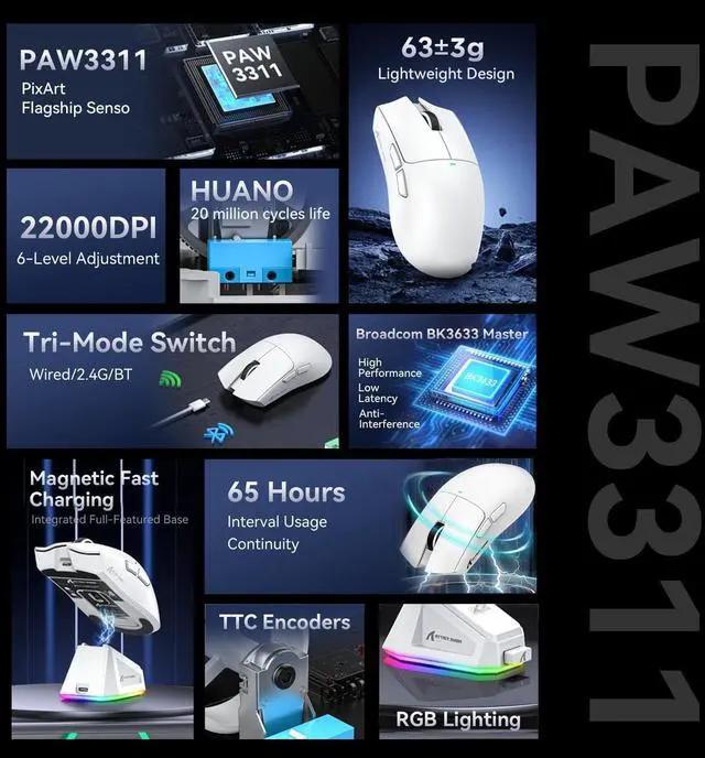 Alt view image 3 of 7 - Hitoor Ultra-Light Triple Mode (Wired, 2.4GHz Wireless & Bluetooth) Gaming Mouse, PAW3311 Optical Sensor, up to 22K DPI 5 programmable Buttons, Magnetic Charging Dock, Gaming Mice for Laptops, PC/Mac