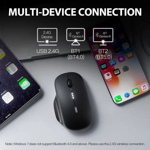 Alt view image 2 of 7 - Hitoor [Upgraded] Wireless Mouse Bluetooth, 80g Tri-Mode (Bluetooth 5.0/4.0+ USB 2.4G RF) Computer Wireless Mouse, Visible Battery Leval, Type-C Charging, for Windows/PC/Mac/Tablet/Laptop - Black