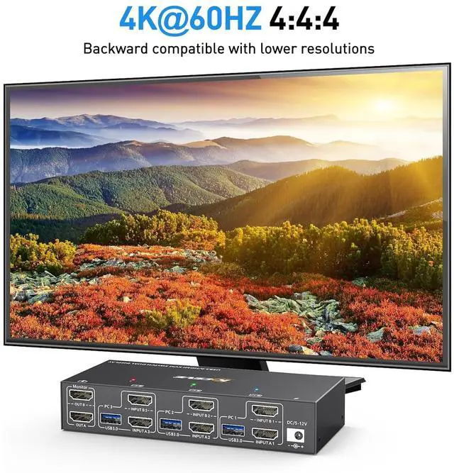 Alt view image 6 of 7 - Hitoor Dual Monitor HDMI KVM Switch 2 Monitors 3 Computers, 4K@60Hz USB 3.0 KVM Switches Share 2 Monitors and 4 USB 3.0 Ports, Support Extended/Copy Mode, with DC 12V Adapter & Wired Controller