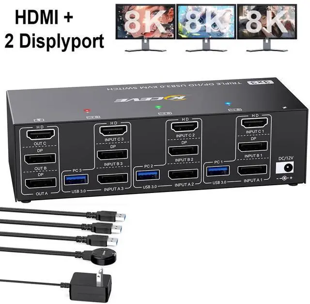 Main image of Hitoor KVM Switch 3 Monitors 3 Computers 8K@60Hz 4K@144Hz, Triple Monitor HDMI + 2 DP KVM Switch for 3 PC Sharing 3 Monitors & 4 USB3.0 Devices, With Power Adapter, Wired Remote Control & 3 USB Cables