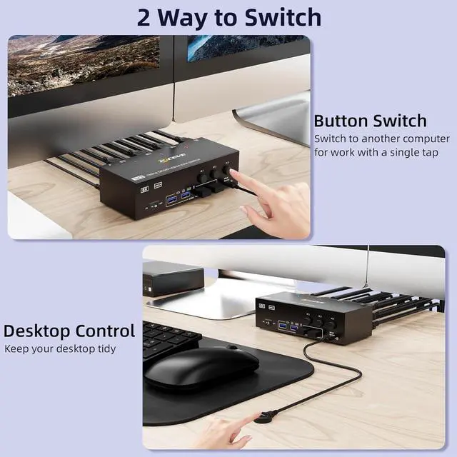 Alt view image 6 of 7 - Hitoor KVM Switch 3 Monitors 3 Computers 8K@60Hz 4K@144Hz, Triple Monitor HDMI + 2 DP KVM Switch for 3 PC Sharing 3 Monitors & 4 USB3.0 Devices, With Power Adapter, Wired Remote Control & 3 USB Cables