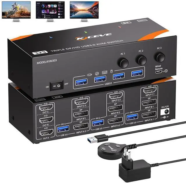 Main image of Hitoor 8K@60Hz KVM Switch 3 PCs 3 Monitors, Triple Monitors KVM Switch 4K@144Hz for 3 Computers that Share 3 Monitors and 4 USB 3.0 Devices Includes Power Supply, Wired Remote Control and USB Cables