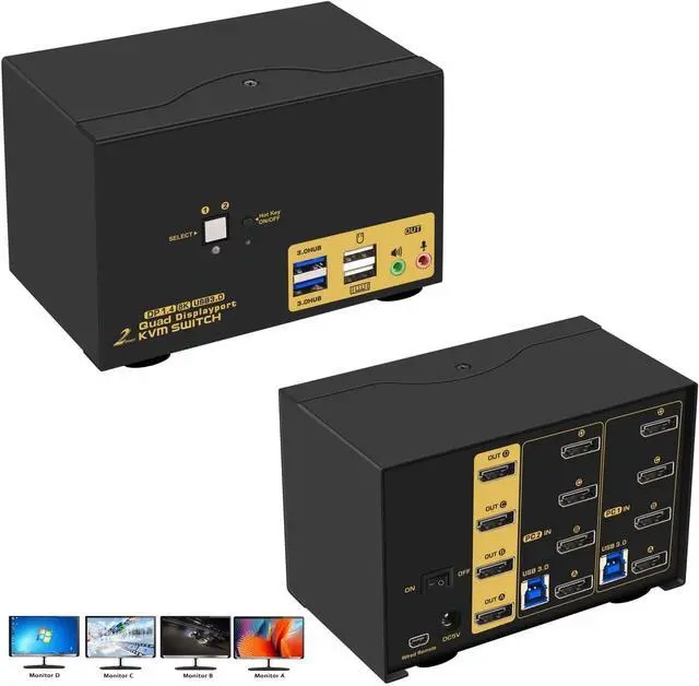 Main image of Hitoor 2 Port Displayport USB 3.0 KVM Switch 2 Computers 4 Monitors DisplayPort 1.4 4K@144Hz 8K@30Hz for 2 Computers, PC Screen Keyboard Mouse Peripheral Audio Sharing Selector Box, with All Cables