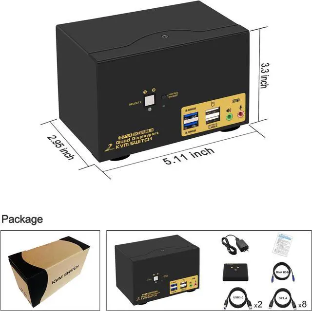 Alt view image 7 of 7 - Hitoor 2 Port Displayport USB 3.0 KVM Switch 2 Computers 4 Monitors DisplayPort 1.4 4K@144Hz 8K@30Hz for 2 Computers, PC Screen Keyboard Mouse Peripheral Audio Sharing Selector Box, with All Cables