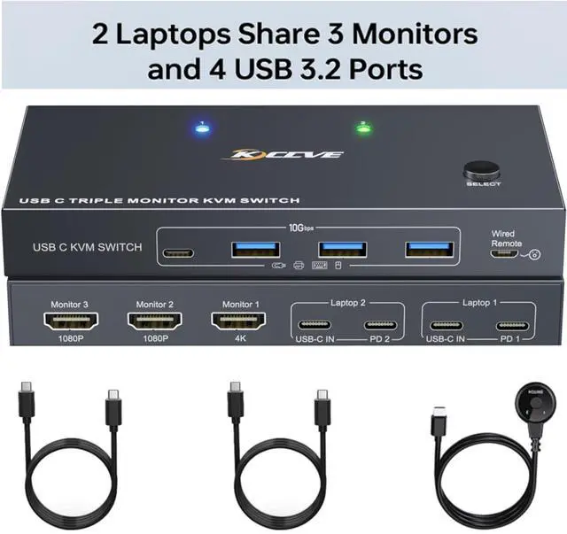 Main image of USB C KVM Switch 3 Monitors 2 Laptops 4K 1080P@60Hz,USB-C Docking Station Triple Monitor KVM Switches with 4 USB 3.2 Ports,10Gbps 80W PD Charging,For Windows and Mac OS,Driver Installation is Required