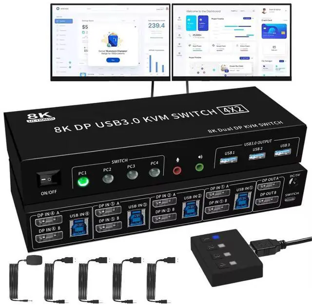 Main image of Hitoor 8K@60Hz Ddisplayport USB 3.0 KVM Switch with Audio Output and 3 USB 3.0 Ports, 4x2 Dual Monitor 4K@144Hz Extended Display Displayport KVM Switches 4 In 2 Out for 4 PC Share Keyboard Mouse