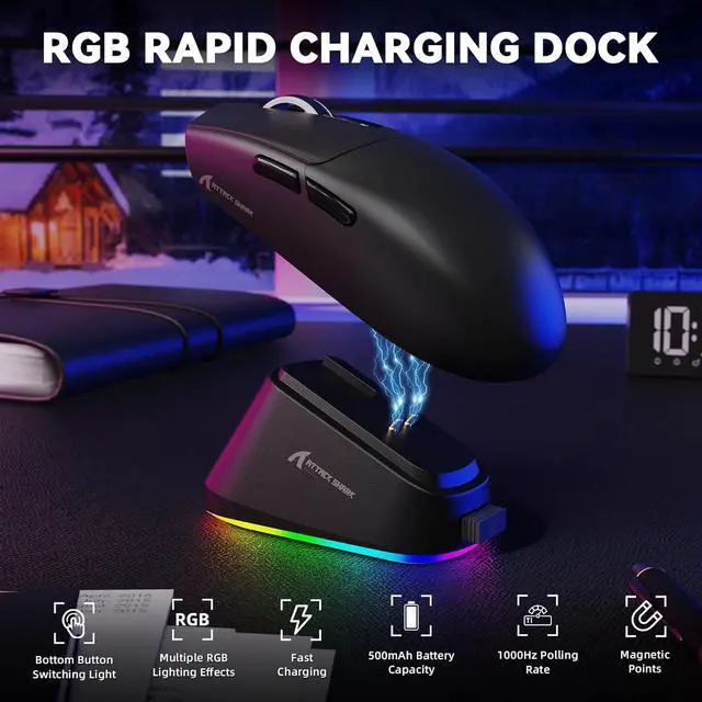 Alt view image 5 of 7 - Hitoor Wireless Gaming Mouse with Magnetic Charging Dock, PixArt PAW3311 Sensor, Tri-Mode Wireless Mouse, BT/2.4G Wireless/Wired Gaming Mouse, 25000 DPI,59g Superlight Gamer Mice for PC/Win/Mac(Black)