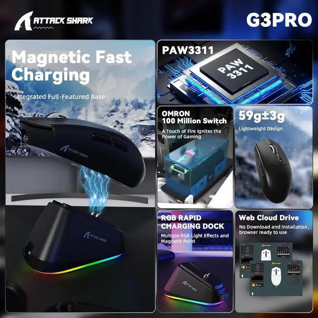 Alt view image 7 of 7 - Hitoor Wireless Gaming Mouse with Magnetic Charging Dock, PixArt PAW3311 Sensor, Tri-Mode Wireless Mouse, BT/2.4G Wireless/Wired Gaming Mouse, 25000 DPI,59g Superlight Gamer Mice for PC/Win/Mac(Black)
