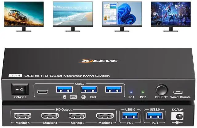 Main image of Hitoor Quad Monitor KVM Switch 4 Monitors 2 Computers 1080P@60Hz,USB3.0 KVM Switch Quad Monitor for 2 PC Share 4 Monitors&4 USB Devices, with Wired Remote&2 USB Cables, Driver Installation is Required