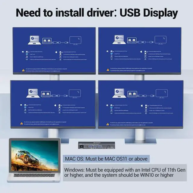 Alt view image 5 of 7 - Hitoor Quad Monitor KVM Switch 4 Monitors 2 Computers 1080P@60Hz,USB3.0 KVM Switch Quad Monitor for 2 PC Share 4 Monitors&4 USB Devices, with Wired Remote&2 USB Cables, Driver Installation is Required
