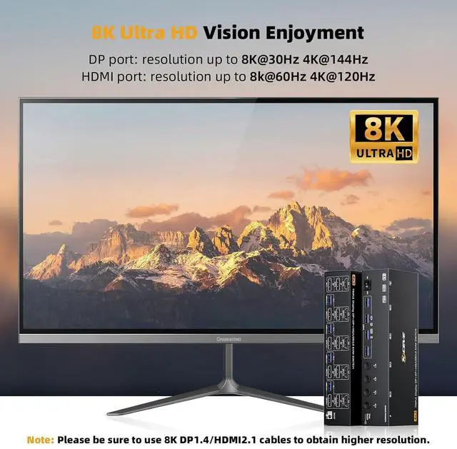 Alt view image 3 of 7 - Hitoor 8K@60Hz KVM Switch 3 Monitors 4 Computers, HDMI + 2 Displayport KVM Switch Triple Monitor for 4 Computers Sharing 3 Monitors & 4 USB Devices, with Wired Remote, Power Supply & 4 USB 3.0 Cables