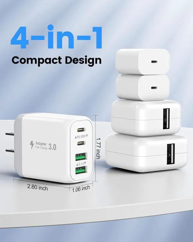 Alt view image 5 of 7 - Hitoor 40W USB C Charger Block, 2-Pack Wall Charger, 4-Port Fast Charging Block Power Adapter, Dual PD & QC Type-C Multiport Wall Charger for i-Phone 16 15 14 13 12 11 Pro Max, Android Phones, Tablets