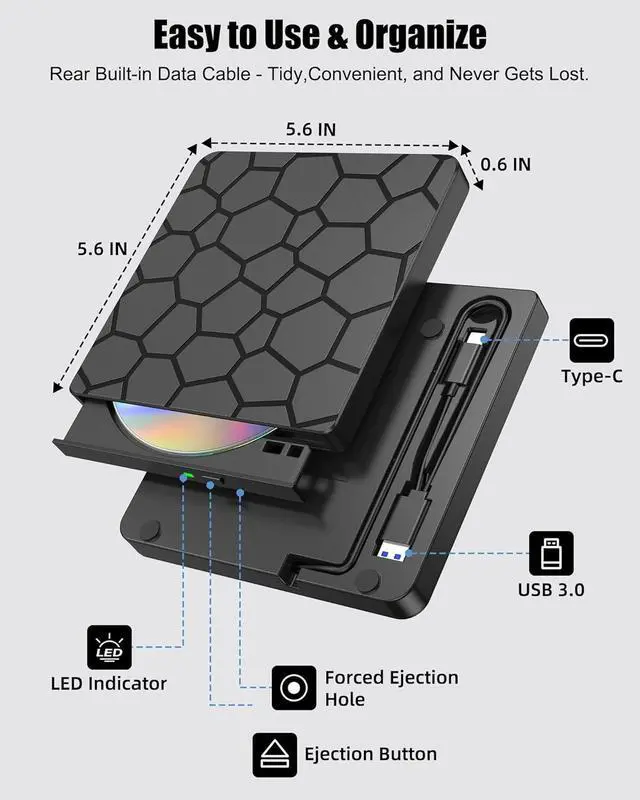 Alt view image 5 of 7 - Hitoor External CD/DVD Drive for Laptop & PC, USB 3.0 & USB C DVD Burner Ultra-Slim CD Player Portable for Laptop Disc Reader Compatible with Desktop PC Windows 11/10/8 Linux Mac OS MacBook Pro/Air