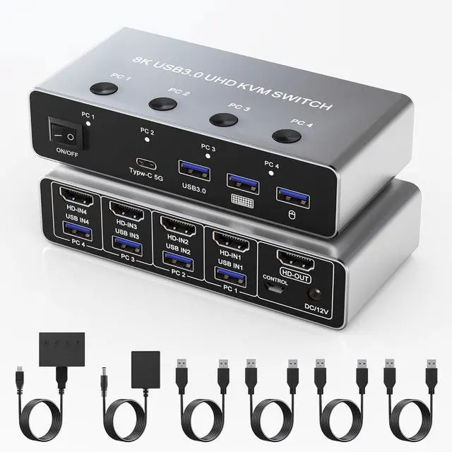 Main image of Hitoor 8K@60Hz HDMI KVM Switch 4 in 1 Out, HDMI KVM Switcher for 4 Computers Share 1 Monitor, with 4 USB 3.0 Ports, Aluminum Housing, Support Keyboard, Mouse, Printer, with 4 USB Cables & Controller
