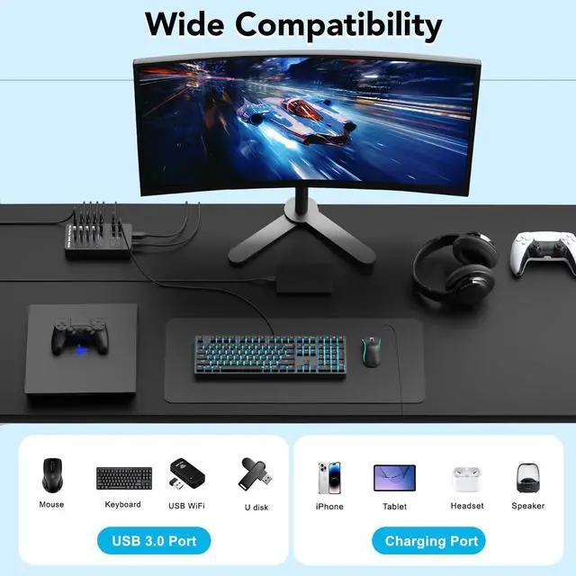 Alt view image 7 of 7 - Hitoor Powered USB 3.0 Hub, 14 Ports Powered USB 3.0 Splitter Hub with 4 Smart Charging Ports, 10 USB A Ports, Individual On/Off Switches, 12V-24V Power Adapter, USB 3.0 5Gbps High Speed Transfer, USB