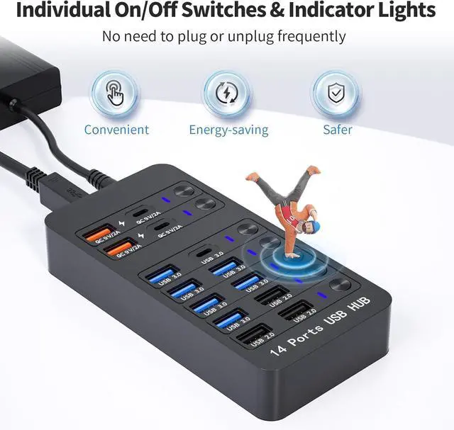 Alt view image 5 of 7 - Hitoor Powered USB 3.0 Hub, 14 Ports Powered USB 3.0 Splitter Hub with 4 Smart Charging Ports, 10 USB A Ports, Individual On/Off Switches, 12V-24V Power Adapter, USB 3.0 5Gbps High Speed Transfer, USB