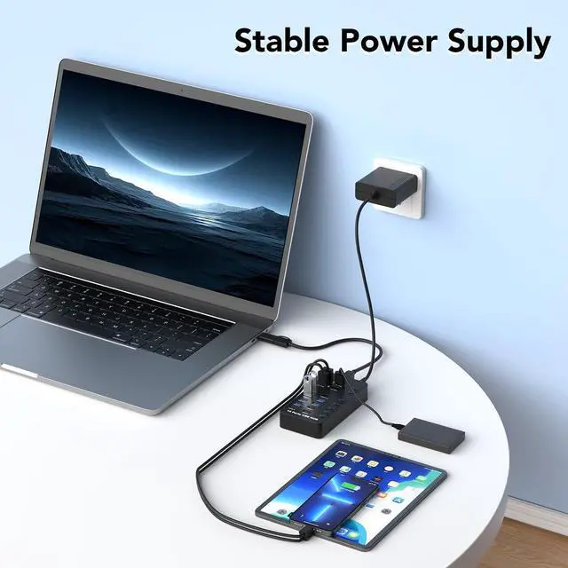 Alt view image 4 of 7 - Hitoor Powered USB 3.0 Hub, 14 Ports Powered USB 3.0 Splitter Hub with 4 Smart Charging Ports, 10 USB A Ports, Individual On/Off Switches, 12V-24V Power Adapter, USB 3.0 5Gbps High Speed Transfer, USB