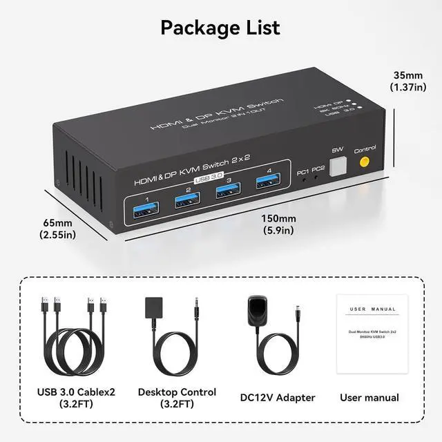 Alt view image 7 of 7 - Hitoor 8K@60Hz KVM Switch 2 Monitors 2 Computers, 4K@120Hz HDMI + Displayport Dual Monitor KVM Switches for 2 PC Share Mouse Keyboard and 2 Displays Support Extended/Copy Mode with Extended Controller