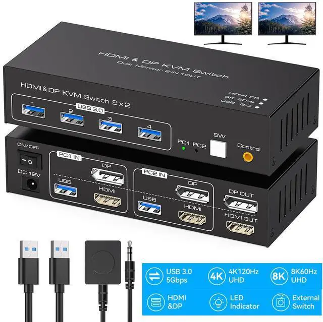 Main image of Hitoor 8K@60Hz KVM Switch 2 Monitors 2 Computers, 4K@120Hz HDMI + Displayport Dual Monitor KVM Switches for 2 PC Share Mouse Keyboard and 2 Displays Support Extended/Copy Mode with Extended Controller