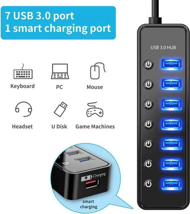 Alt view image 2 of 6 - Hitoor Powered USB Hub 3.0, 7-Port USB Data Hub Splitter with One Smart Charging Port and Individual On/Off Switches and 5V/4A Power Adapter, USB 3.0 Hub for MacBook, Mac Pro/Mini and More