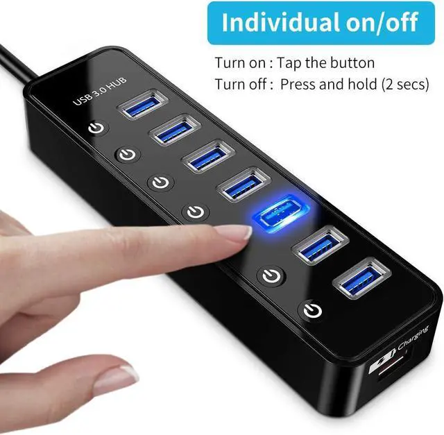 Alt view image 3 of 6 - Hitoor Powered USB Hub 3.0, 7-Port USB Data Hub Splitter with One Smart Charging Port and Individual On/Off Switches and 5V/4A Power Adapter, USB 3.0 Hub for MacBook, Mac Pro/Mini and More