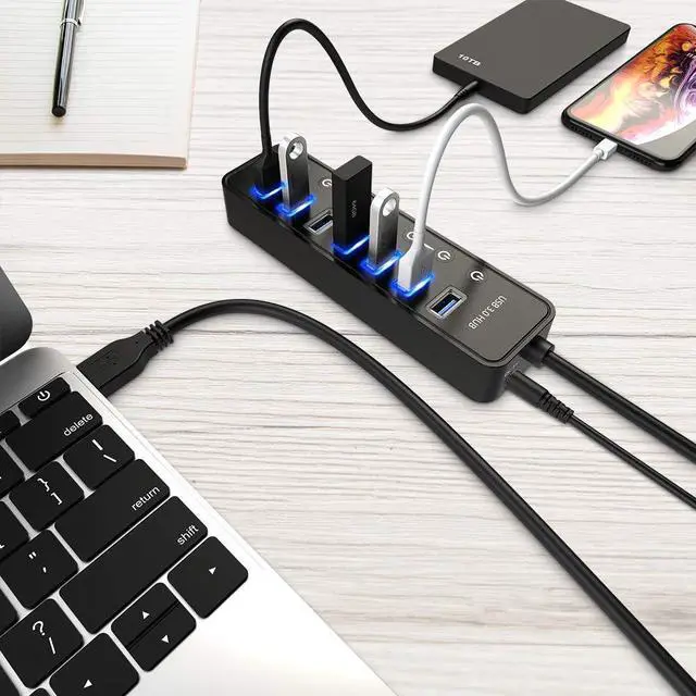 Alt view image 5 of 6 - Hitoor Powered USB Hub 3.0, 7-Port USB Data Hub Splitter with One Smart Charging Port and Individual On/Off Switches and 5V/4A Power Adapter, USB 3.0 Hub for MacBook, Mac Pro/Mini and More