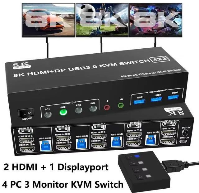 Main image of Hitoor KVM Switch 3 Monitors 4 Computers 8K@60Hz 4K@144Hz, 2 HDMI + 1 Displayport Triple Monitor KVM Switch for 4 Pcs Share 3 Monitors and 3 USB 3.0 Port Keyboard Mouse, with Audio & Microphone output