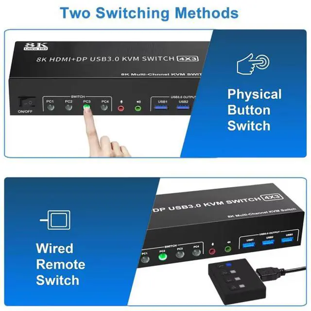 Alt view image 6 of 7 - Hitoor KVM Switch 3 Monitors 4 Computers 8K@60Hz 4K@144Hz, 2 HDMI + 1 Displayport Triple Monitor KVM Switch for 4 Pcs Share 3 Monitors and 3 USB 3.0 Port Keyboard Mouse, with Audio & Microphone output
