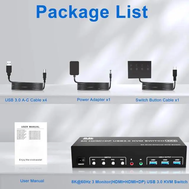 Alt view image 7 of 7 - Hitoor KVM Switch 3 Monitors 4 Computers 8K@60Hz 4K@144Hz, 2 HDMI + 1 Displayport Triple Monitor KVM Switch for 4 Pcs Share 3 Monitors and 3 USB 3.0 Port Keyboard Mouse, with Audio & Microphone output