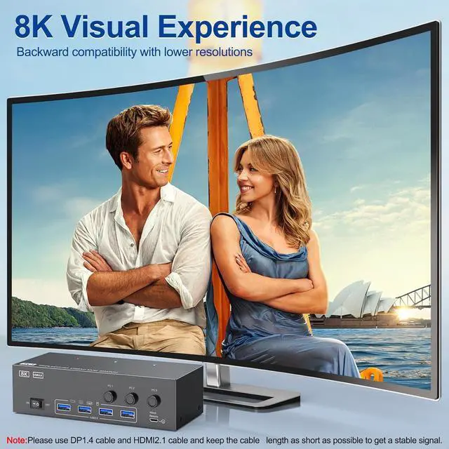 Alt view image 5 of 7 - Hitoor 8K HDMI + 2 Displayport KVM Switch 3 Monitors 3 Computers, 8K@60Hz/4K@144Hz KVM Switch for 3 Computers Sharing 3 Monitors, Keyboard, Mouse,with 3 USB Cables, Wired Controller and Power Adapter