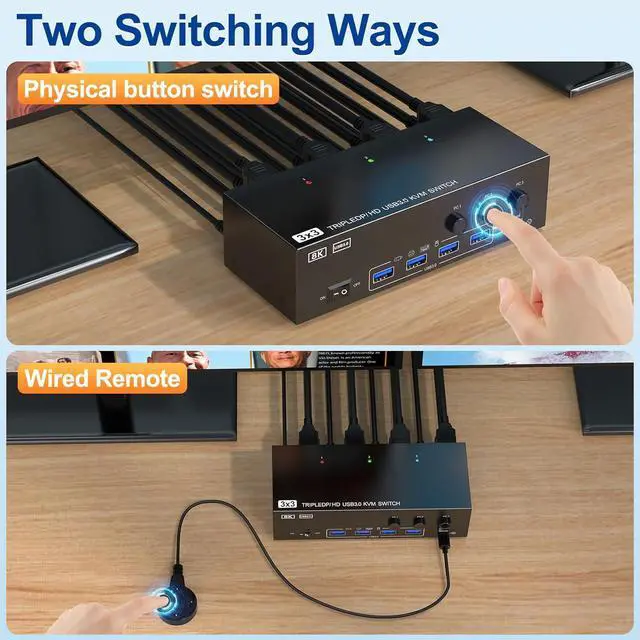 Alt view image 4 of 7 - Hitoor 8K HDMI + 2 Displayport KVM Switch 3 Monitors 3 Computers, 8K@60Hz/4K@144Hz KVM Switch for 3 Computers Sharing 3 Monitors, Keyboard, Mouse,with 3 USB Cables, Wired Controller and Power Adapter