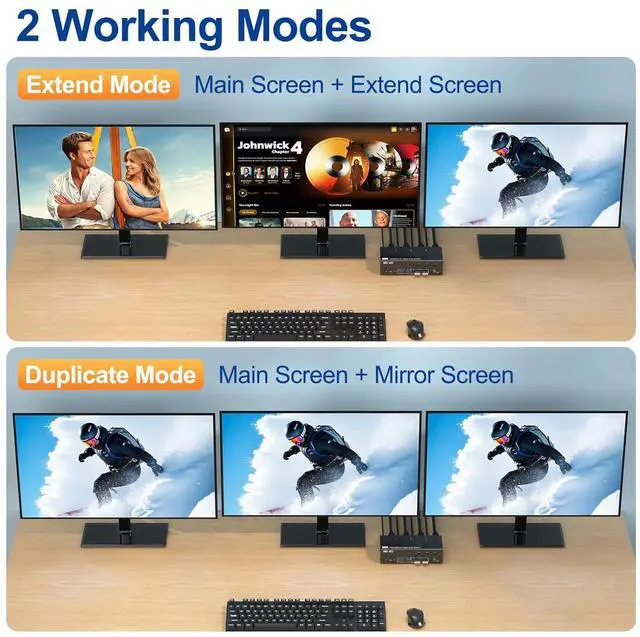 Alt view image 3 of 7 - Hitoor 8K HDMI + 2 Displayport KVM Switch 3 Monitors 3 Computers, 8K@60Hz/4K@144Hz KVM Switch for 3 Computers Sharing 3 Monitors, Keyboard, Mouse,with 3 USB Cables, Wired Controller and Power Adapter
