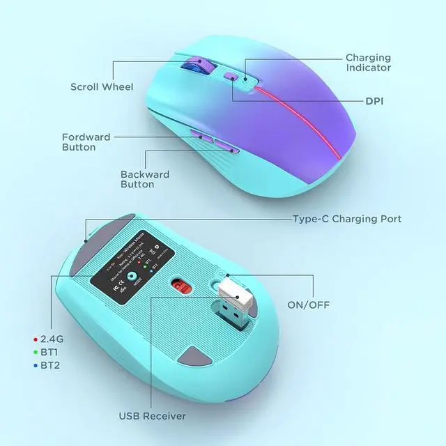 Alt view image 7 of 7 - Hitoor Bluetooth Wireless Mouse, Rechargeable Slient Multi-Device Computer Mice (Tri-Mode: BT1/2+2.4Ghz) with USB Receiver Wireless Bluetooth Mouse, Ergonomic Cordless Mouse for Laptop/MacBook/PC/iPad