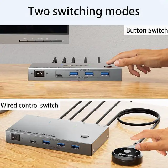 Alt view image 3 of 7 - Hitoor USB C KVM Switch 4K@60Hz, Dual Monitor Docking KVM Switch for 2 Laptops Sharing 2 Monitors and 4 USB 3.0 Devices, with 100W PD, Wired Remote Control and USB C Cables