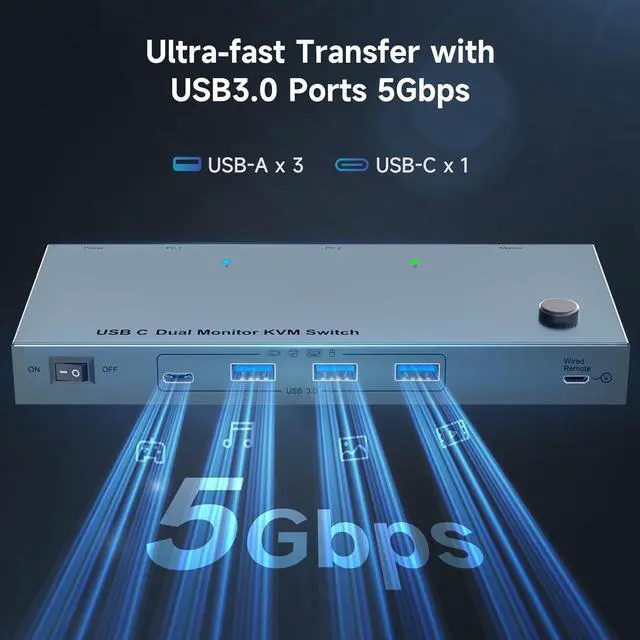 Alt view image 7 of 7 - Hitoor USB C KVM Switch 4K@60Hz, Dual Monitor Docking KVM Switch for 2 Laptops Sharing 2 Monitors and 4 USB 3.0 Devices, with 100W PD, Wired Remote Control and USB C Cables