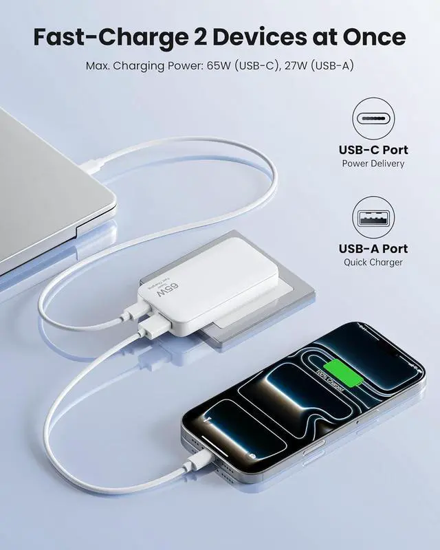 Alt view image 3 of 7 - Hitoor 65W Ultra-Thin Foldable Charging Plug USB-C, Portable Mobile Phone and Laptop Charger, USB-C Wall Multi-Port Charger Outlet Suitable for i-P-hone 15/16/17 Series and Galaxy Series Models