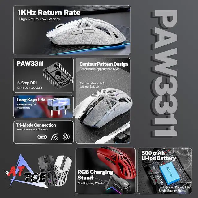 Alt view image 2 of 6 - Hitoor RGB Magnetic Charging Dock Gaming Mouse, 6 adjustable DPI (800-12,000) uop to 12K DPI, PAW3311 Sensor, Tri-Mode Wireless Gaming Mice, 6 Programmable Buttons, Ultra-Light 72g for PC/Mac (White)