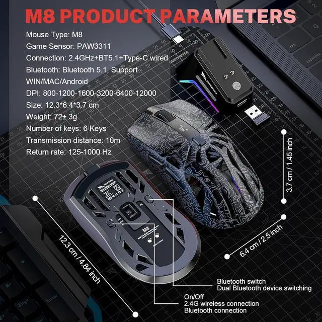 Alt view image 6 of 6 - Hitoor RGB Magnetic Charging Dock Gaming Mouse, 6 adjustable DPI (800-12,000) uop to 12K DPI, PAW3311 Sensor, Tri-Mode Wireless Gaming Mice, 6 Programmable Buttons, Ultra-Light 72g for PC/Mac (White)