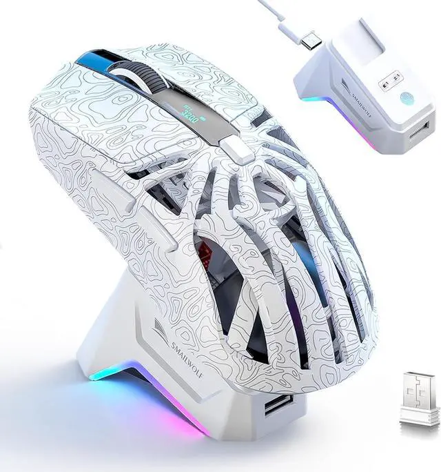 Main image of Hitoor RGB Magnetic Charging Dock Gaming Mouse, 6 adjustable DPI (800-12,000) uop to 12K DPI, PAW3311 Sensor, Tri-Mode Wireless Gaming Mice, 6 Programmable Buttons, Ultra-Light 72g for PC/Mac (White)