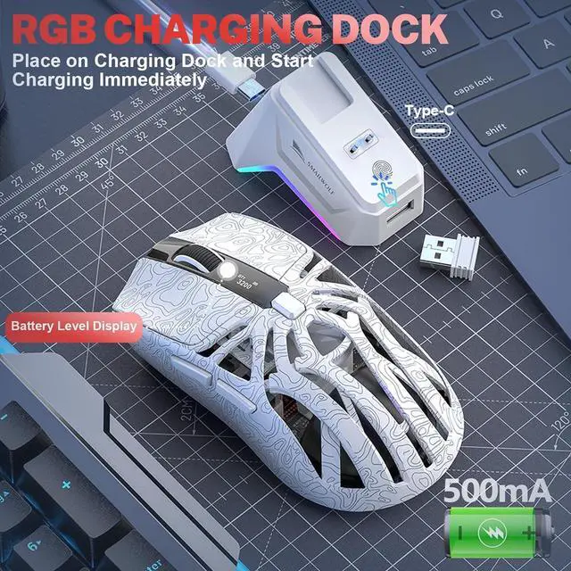 Alt view image 4 of 6 - Hitoor RGB Magnetic Charging Dock Gaming Mouse, 6 adjustable DPI (800-12,000) uop to 12K DPI, PAW3311 Sensor, Tri-Mode Wireless Gaming Mice, 6 Programmable Buttons, Ultra-Light 72g for PC/Mac (White)