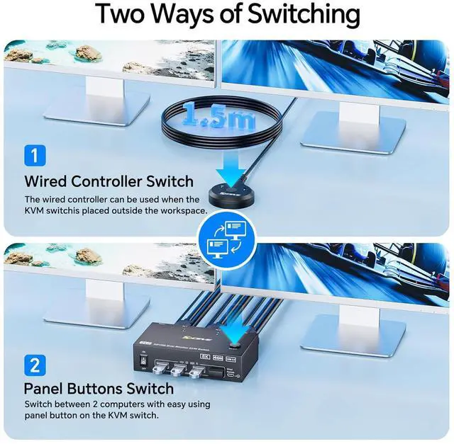 Alt view image 6 of 7 - Hitoor KVM Switch 2 Monitors 2 Computers 8K@60Hz/4K@144Hz, Dual Monitor HDMI+Displayport KVM Switches for 2 PC Sharing 2 Monitors & Keyboard Mouse with Power Adapter, Wired Controller & USB3.0 Cables