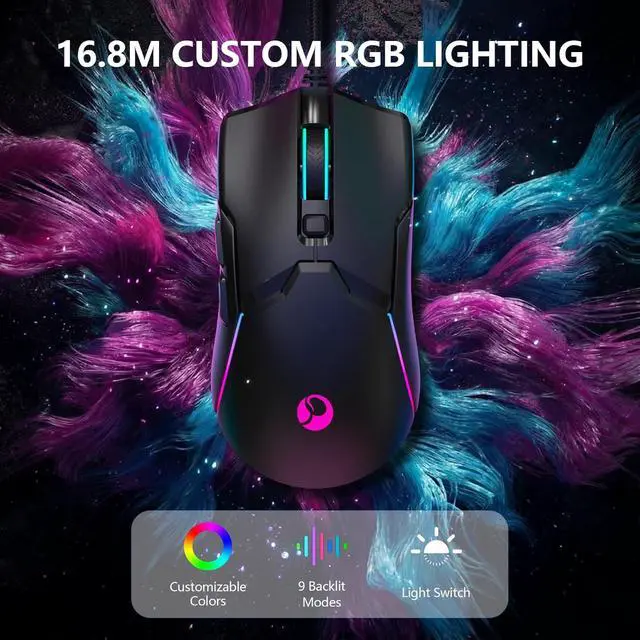 Alt view image 3 of 7 - Hitoor Wired Gaming Mouse, Ergonomic Gaming Mouse, 8000 DPI Optical Gaming Mice with 12 RGB Backlit Modes, 6 Programmable Buttons, DIY Software for PC Gamer & Office