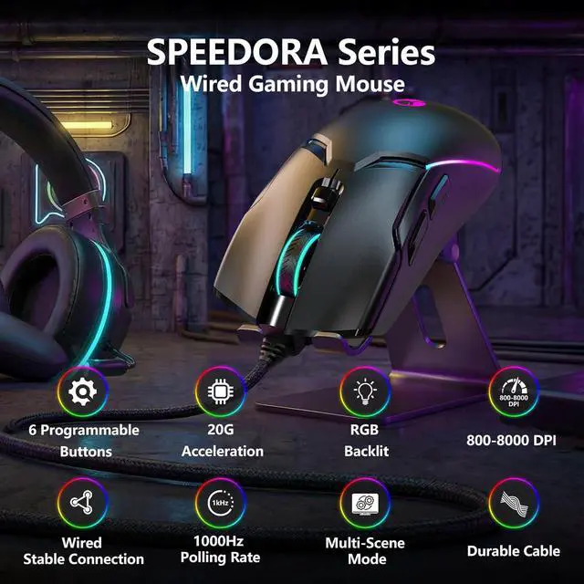 Alt view image 2 of 7 - Hitoor Wired Gaming Mouse, Ergonomic Gaming Mouse, 8000 DPI Optical Gaming Mice with 12 RGB Backlit Modes, 6 Programmable Buttons, DIY Software for PC Gamer & Office