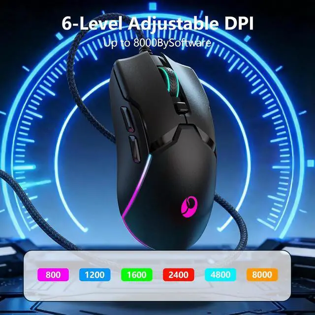 Alt view image 5 of 7 - Hitoor Wired Gaming Mouse, Ergonomic Gaming Mouse, 8000 DPI Optical Gaming Mice with 12 RGB Backlit Modes, 6 Programmable Buttons, DIY Software for PC Gamer & Office
