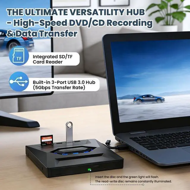 Alt view image 3 of 7 - Hitoor 5-in-1 External DVD Drive USB 3.0 & Type-C, Portable DVD-RW/CD Writer Reader with USB Hub & SD/TF Card Reader, Plug & Play External Optical CD/DVD Drive for Laptop Desktop Windows, Linux, MacOS
