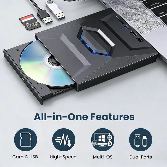 Alt view image 2 of 7 - Hitoor 5-in-1 External DVD Drive USB 3.0 & Type-C, Portable DVD-RW/CD Writer Reader with USB Hub & SD/TF Card Reader, Plug & Play External Optical CD/DVD Drive for Laptop Desktop Windows, Linux, MacOS