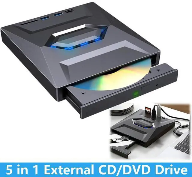 Main image of Hitoor 5-in-1 External DVD Drive USB 3.0 & Type-C, Portable DVD-RW/CD Writer Reader with USB Hub & SD/TF Card Reader, Plug & Play External Optical CD/DVD Drive for Laptop Desktop Windows, Linux, MacOS