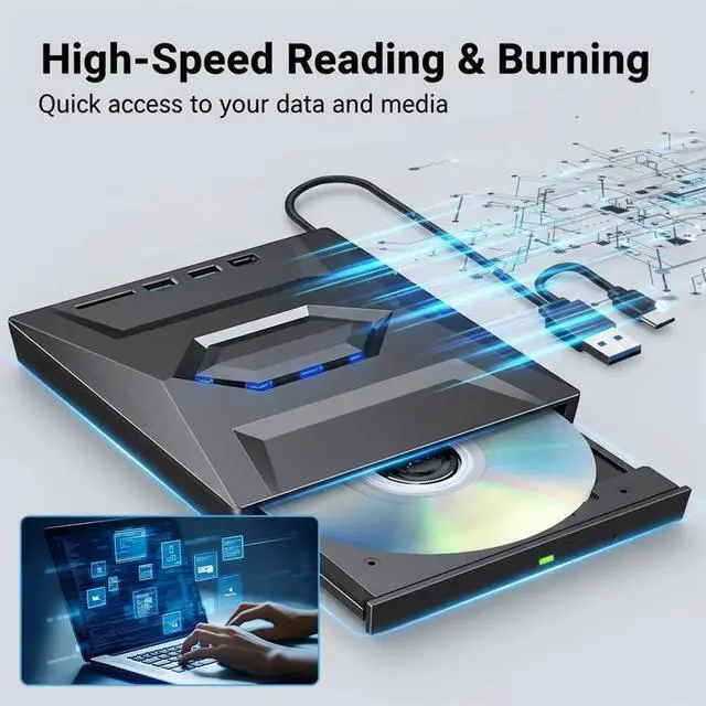Alt view image 4 of 7 - Hitoor 5-in-1 External DVD Drive USB 3.0 & Type-C, Portable DVD-RW/CD Writer Reader with USB Hub & SD/TF Card Reader, Plug & Play External Optical CD/DVD Drive for Laptop Desktop Windows, Linux, MacOS