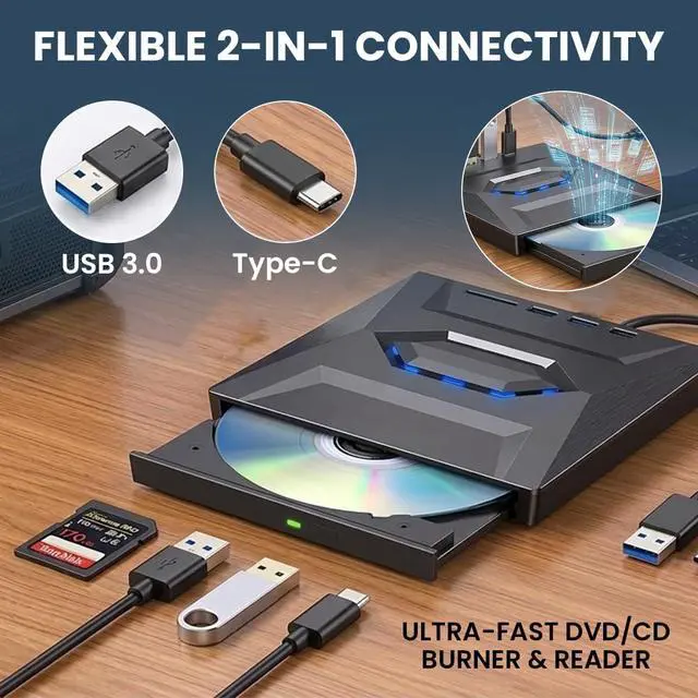 Alt view image 7 of 7 - Hitoor 5-in-1 External DVD Drive USB 3.0 & Type-C, Portable DVD-RW/CD Writer Reader with USB Hub & SD/TF Card Reader, Plug & Play External Optical CD/DVD Drive for Laptop Desktop Windows, Linux, MacOS