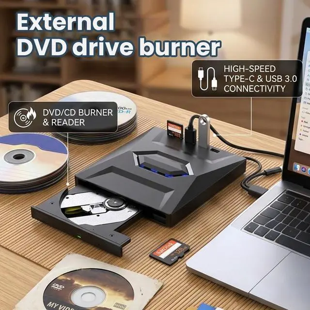 Alt view image 6 of 7 - Hitoor 5-in-1 External DVD Drive USB 3.0 & Type-C, Portable DVD-RW/CD Writer Reader with USB Hub & SD/TF Card Reader, Plug & Play External Optical CD/DVD Drive for Laptop Desktop Windows, Linux, MacOS